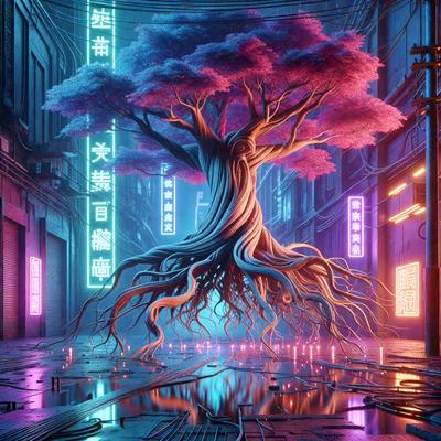 The primary subject of the image is a large, purple tree with a long, thin trunk. The tree is situated in a futuristic cityscape, surrounded by neon lights and a street with a wet surface. The visual style of the image is digital art, giving it a unique and surreal appearance. The dominant colors in the image are purple and blue, creating a moody and atmospheric mood.